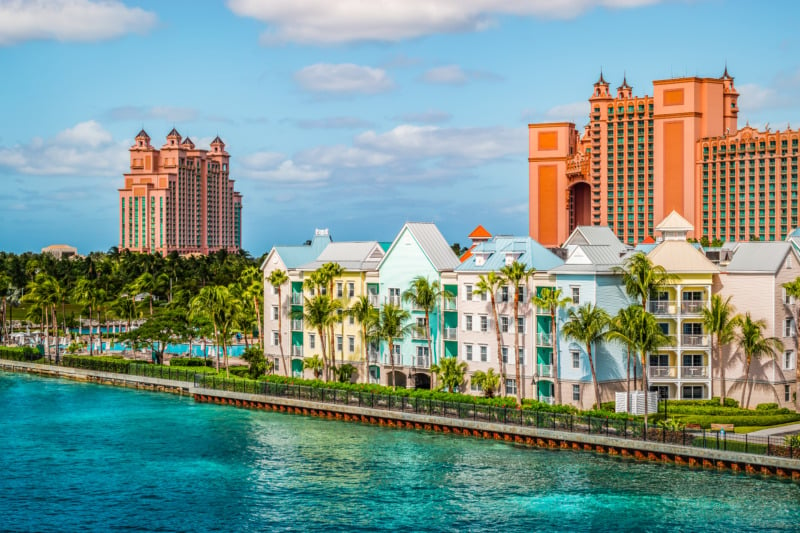 Colorful houses on the waterfront of Paradise Island in Nassau, Bahamas