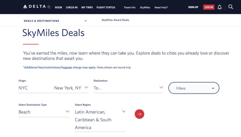 Delta Airlines Skymiles Deal Finder page