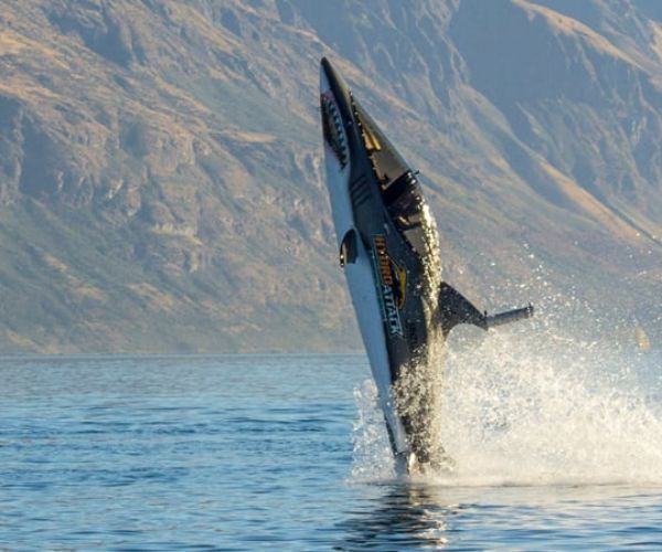 A vessel that resembles a shark in the water