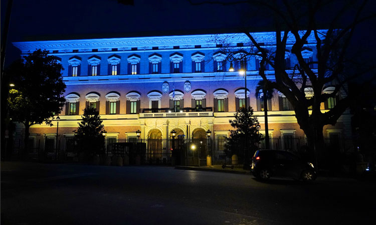 Photo of US embassies and consulates general lit up with the colors of the Ukrainian flag