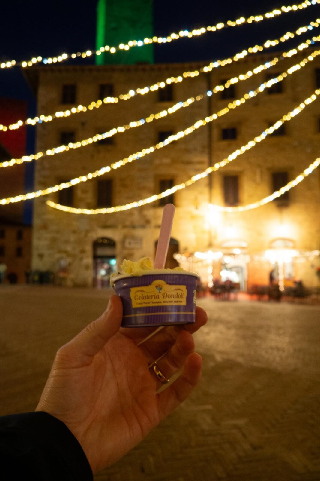 In the evening, enjoy Gelateria Dondoli gelato in San Gimignano Piazza