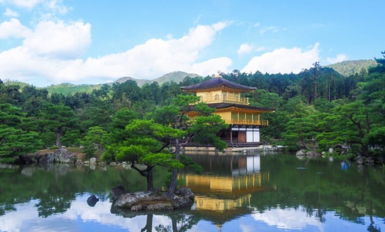 Serene pond at Kinkaku-ji The Golden Pavilion in Kyoto surrounded by lush greenery