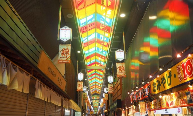 Empty Nishiki Market at night, Kyoto, Japan with colorful lights